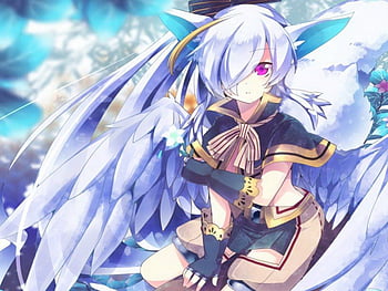 anime girl with white hair and purple eyes with wings