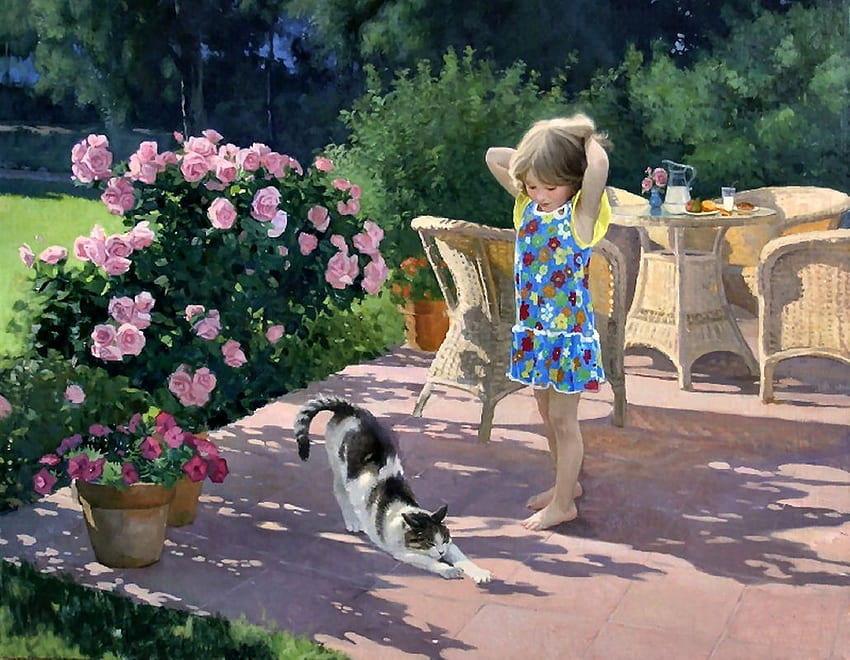 Morning Sunshine F, little girl, roses, art, cats, feline, beautiful, illustration, artwork, painting, portrait, pets HD wallpaper