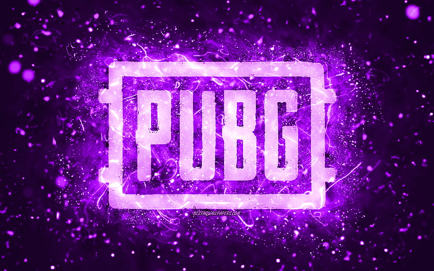 Pubg violet logo, , violet neon lights, PlayerUnknowns Battlegrounds, creative, violet abstract background, Pubg logo, online games, Pubg HD wallpaper