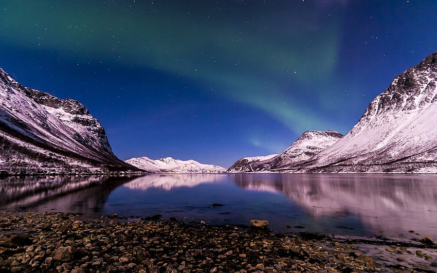 Norwegia, lampu utara, musim dingin, malam, Tromso Fjord, Tromsø Wallpaper HD