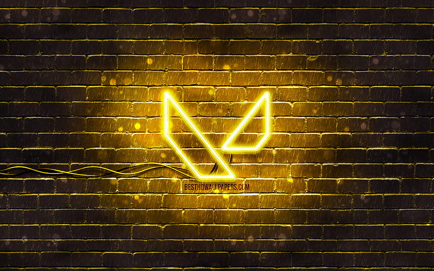 Logo Valorant giallo, muro di mattoni giallo, logo Valorant, marchi di giochi, logo al neon Valorant, Valorant Sfondo HD