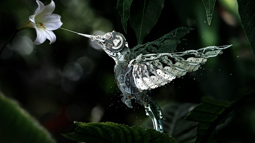 Hummingbird, Сolibri, steampunk, flower, leaves, green, drops, flying, bird, nectar, garden, nature, mechanical, Animals, Hummingbird HD wallpaper