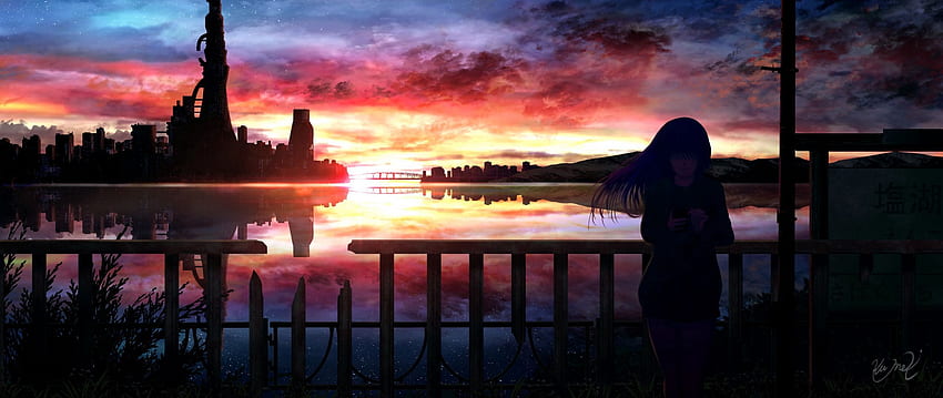 Silhouette, Nacht, Sternenhimmel, Mädchen, Anime Dual Wide Background, Anime Evening HD-Hintergrundbild
