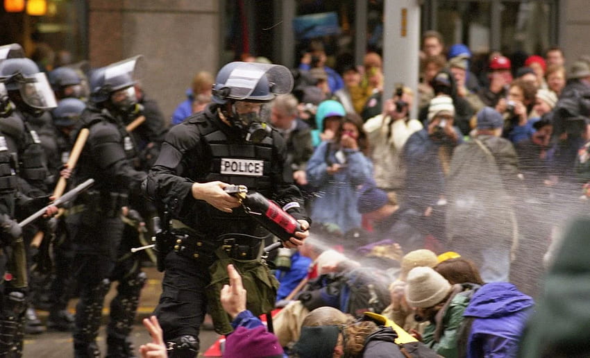WTO protests in seattle anarchy riot police crowd dark revolution . HD wallpaper