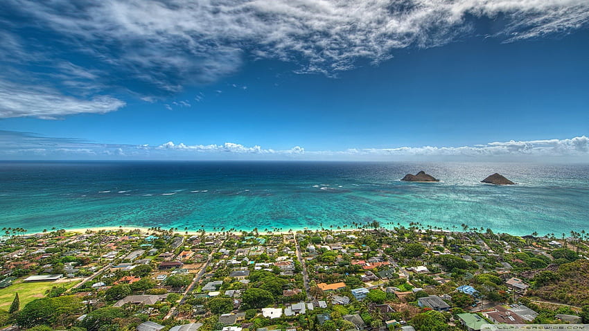ラニカイ ビーチ ハワイ、海、ビュー、町、ビーチの空撮 高画質の壁紙