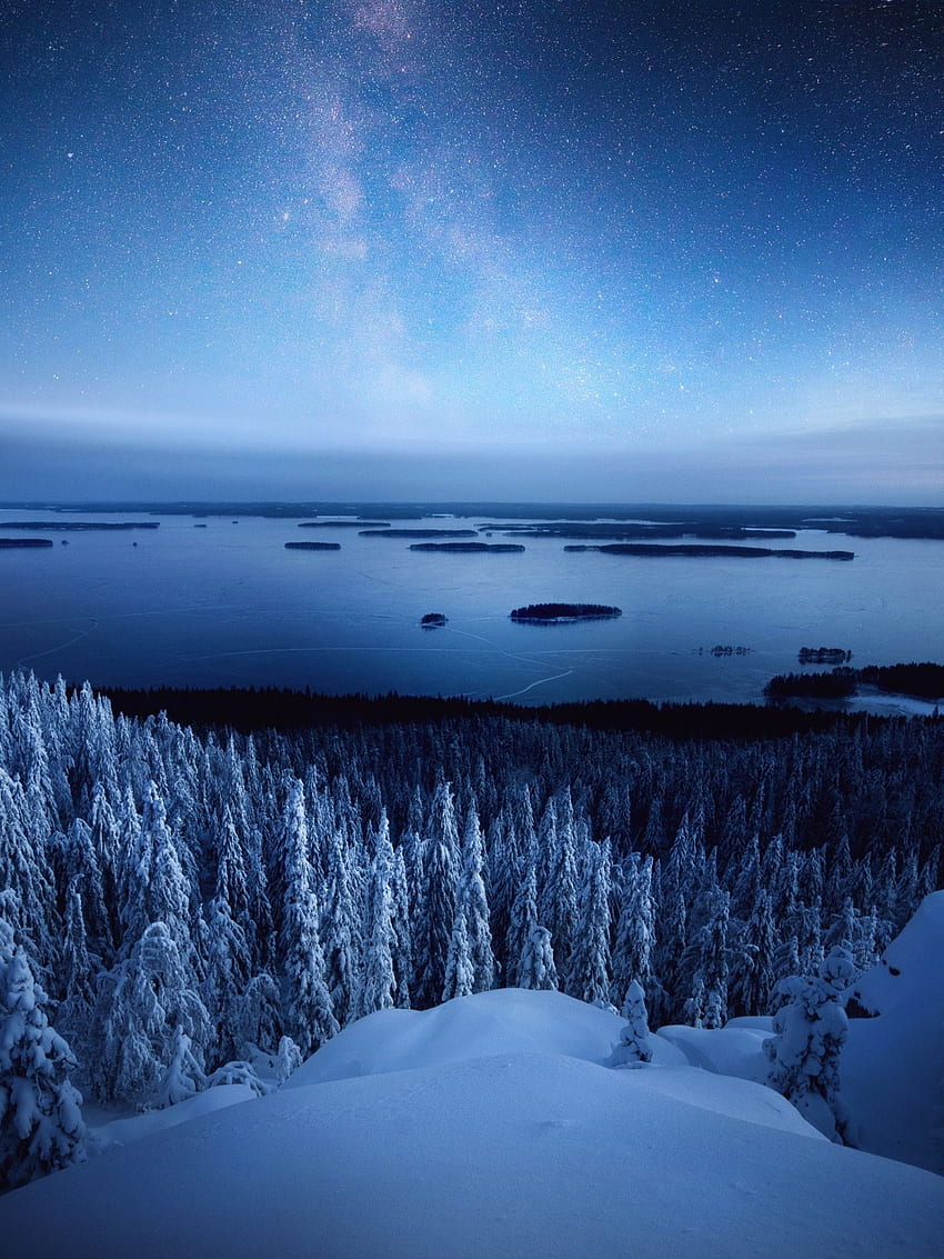 Koli National Park, Snow, Winter, Milky Way, Starry Sky, Finland for Apple iPad Mini, Apple IPad 3, 4 HD phone wallpaper