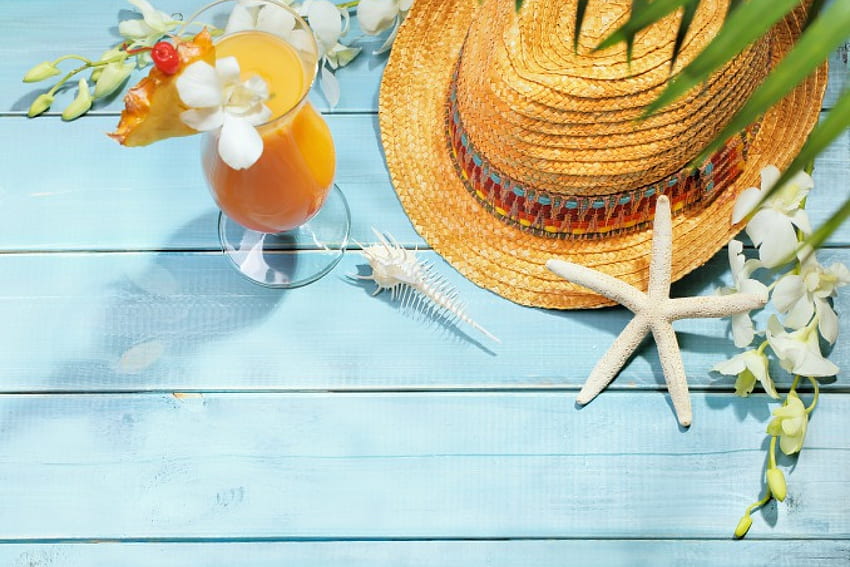 Summer Vacation, summer, flowers, hat, drink, vacation HD wallpaper