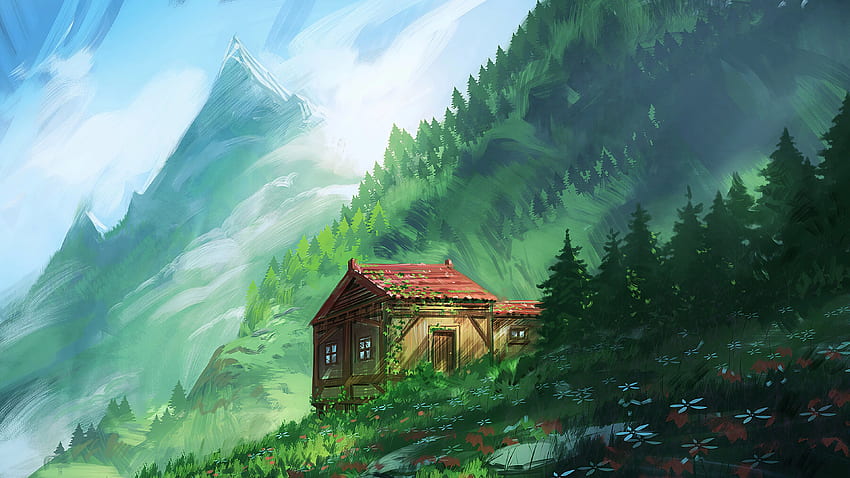 Berghütte "Traveler's Bonfire" Desktop-wallpaper-cozy-little-house-in-mountains-cozy-anime