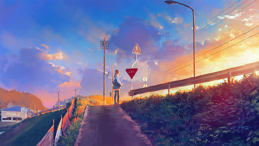 Matahari terbenam, jalur, gadis anime, asli Wallpaper HD