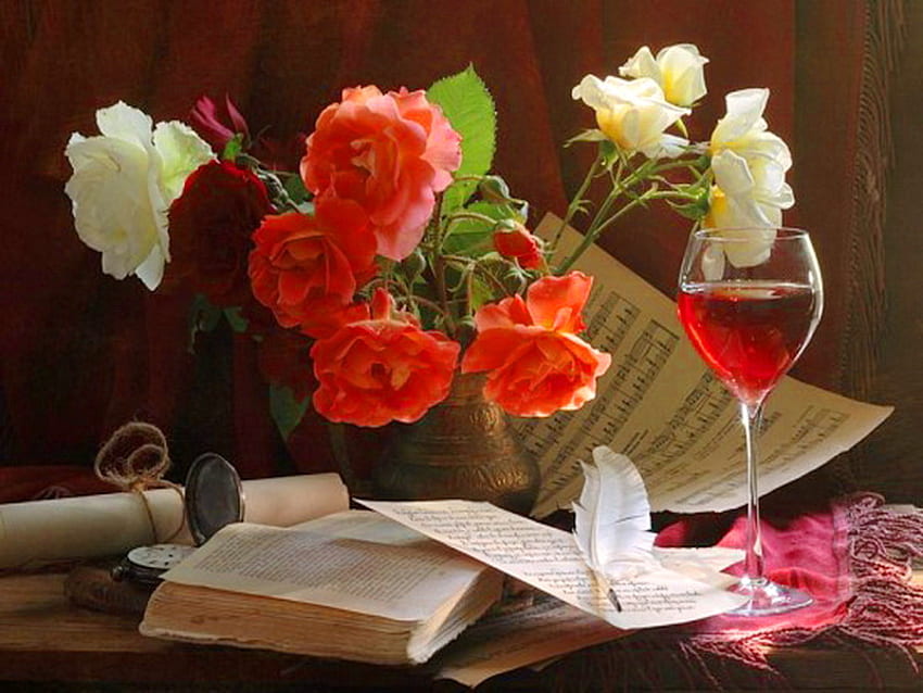 Regali della natura, bianco, libro, musica, piuma, rose, rosso, vino Sfondo HD