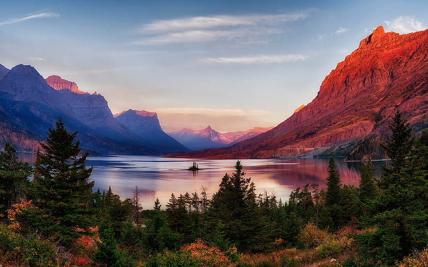 górski kraj, zachód słońca, górskie jezioro, złoty zachód słońca, las, Glacier National Park, Montana, USA z rozdzielczością. Wysoka jakość, Montana Kraj Tapeta HD