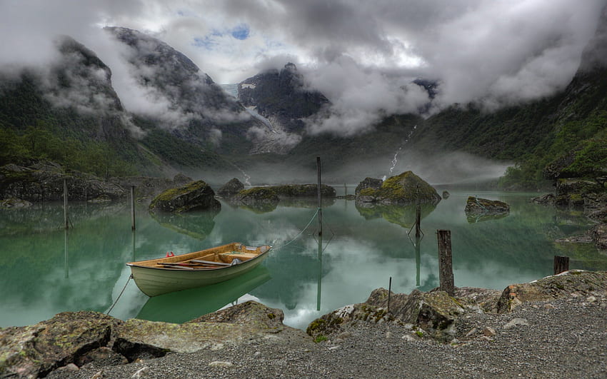 *** ノルウェー - ボンドゥス湖 ***、ボート、湖、自然、山 高画質の壁紙