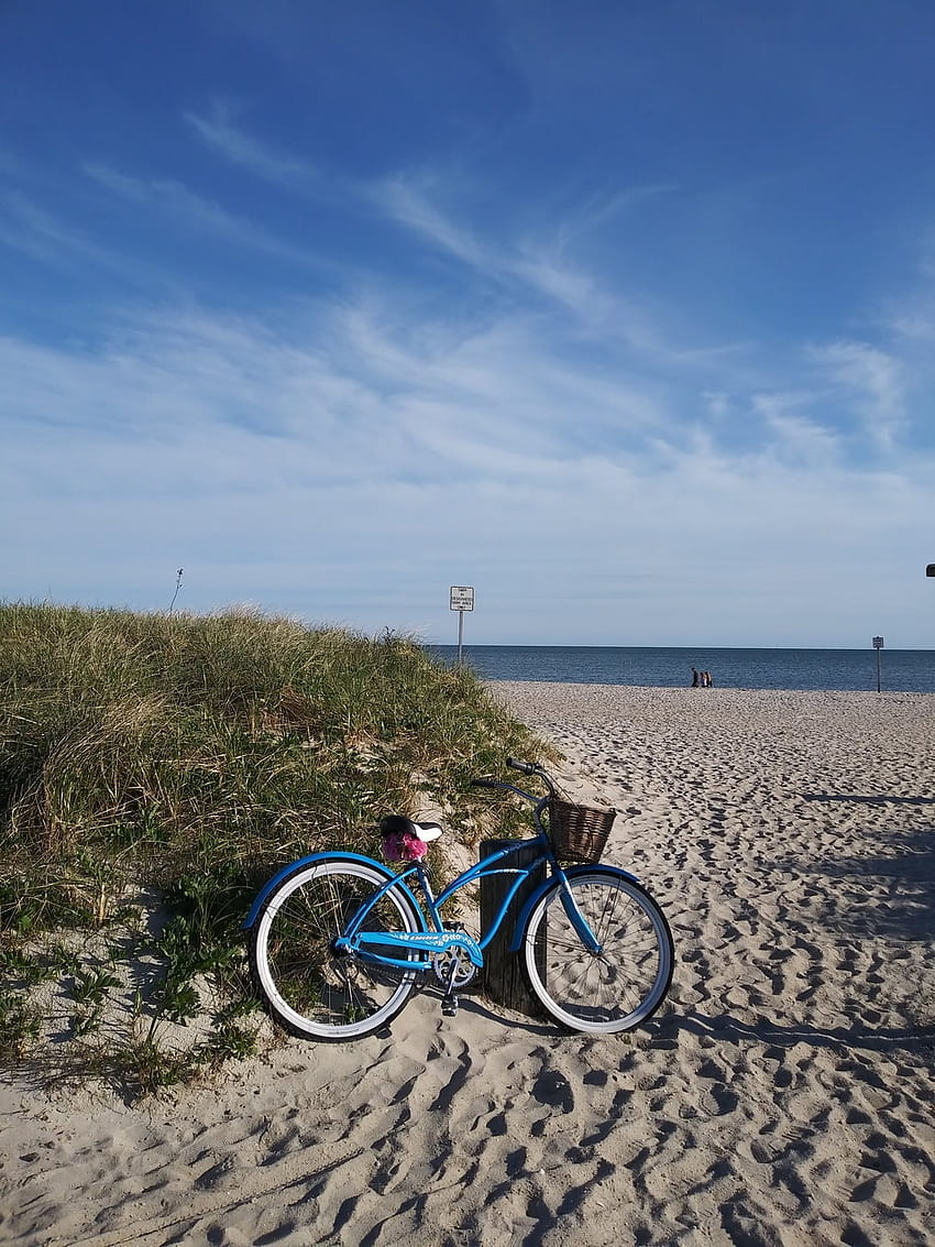 昼間のビーチでの青と黒の自転車 – カルムスビーチ、青い自転車 HD電話の壁紙