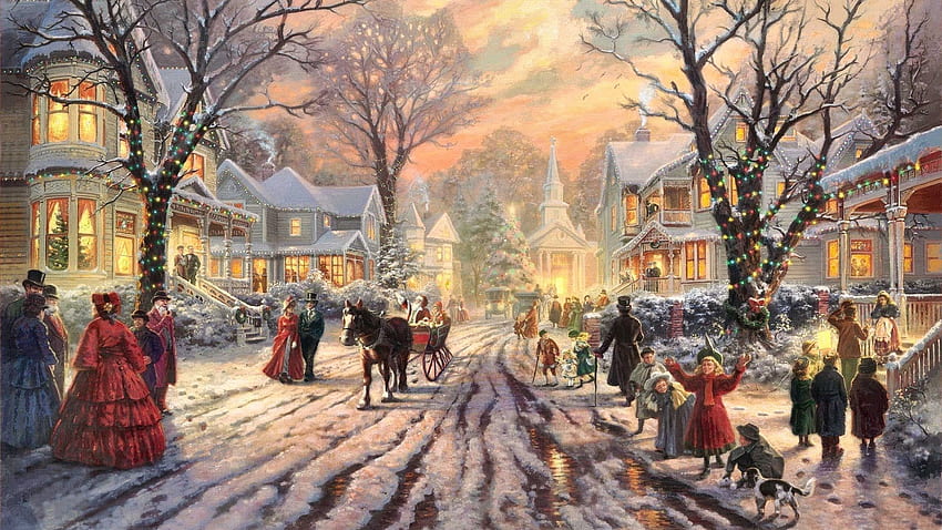 Beliebte traditionelle Weihnachtslieder mit festlicher Kunst, Thomas Kinkade Krippe HD-Hintergrundbild