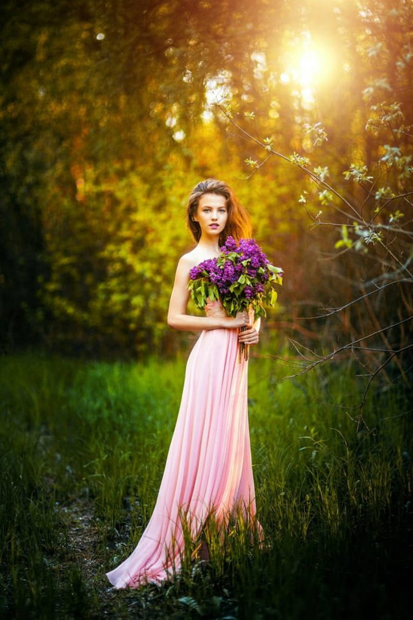 women, Dress, Grass, Pink dress, Lilac, Women outdoors, Model, Blue eyes / and Mobile & HD phone wallpaper