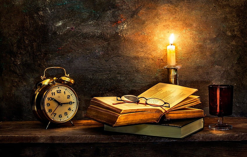 Uhr, Kerze, alte Bücher, Zeit zum Umdrehen - -, alte Bücher HD-Hintergrundbild