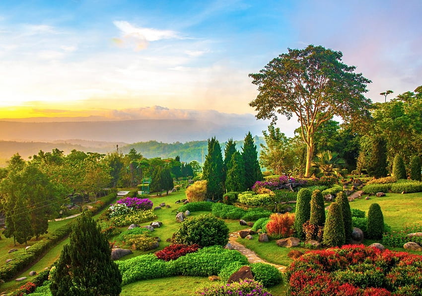 Wonderful Garden, plants, path, landscape, trees, sunset HD wallpaper