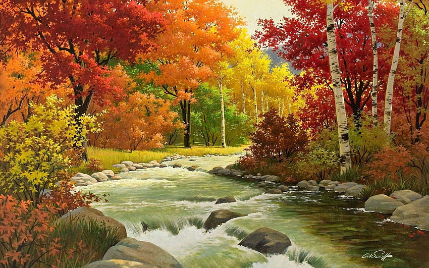 風景, 自然, 川, 秋, 森, 絵画 高画質の壁紙