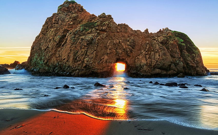 Pfeiffer Beach, Kalifornien, Loch, Sonnenuntergang, Felsen, Strand HD-Hintergrundbild