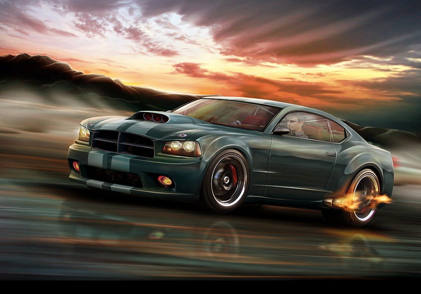 Dodge Charger, charger, car, flames, sky, dodge HD wallpaper