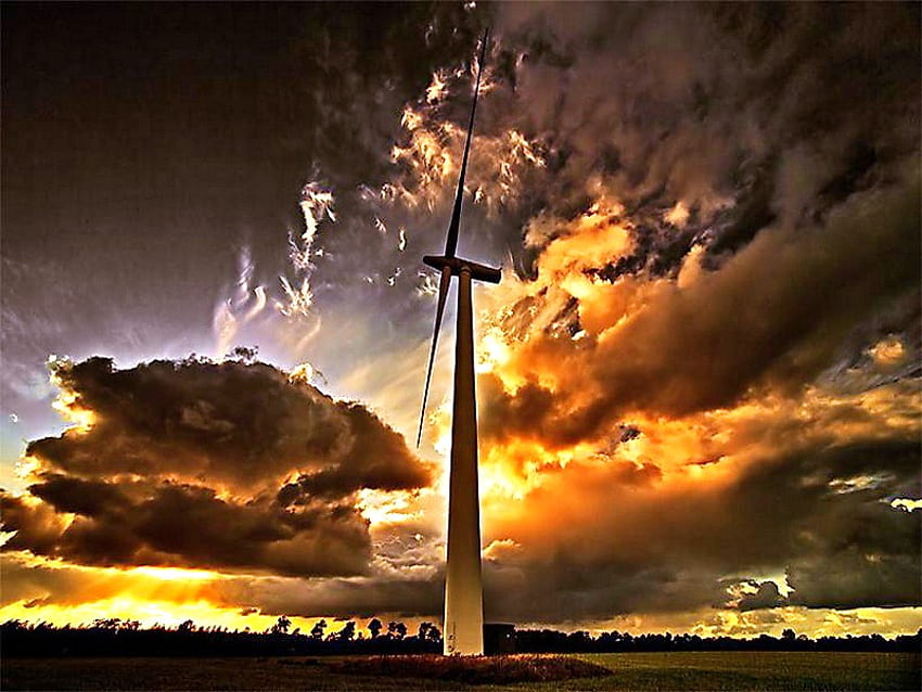Power, wind turbine, black, sunlight, forces of nature, orange, gold, storm clouds HD wallpaper