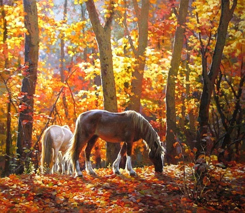 Horses in the quiet woods, colored, woods, landscape, colors, gold, quiet, leaves, horses, animals, yellow, trees, autumn, nature HD wallpaper