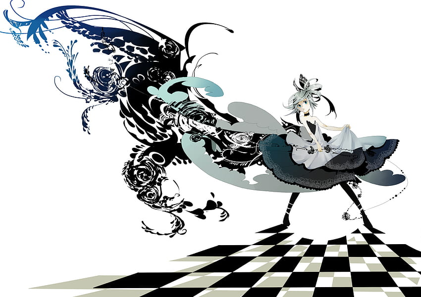 Let's dance, grey hair, anime, black rose, dress, chessboard HD wallpaper