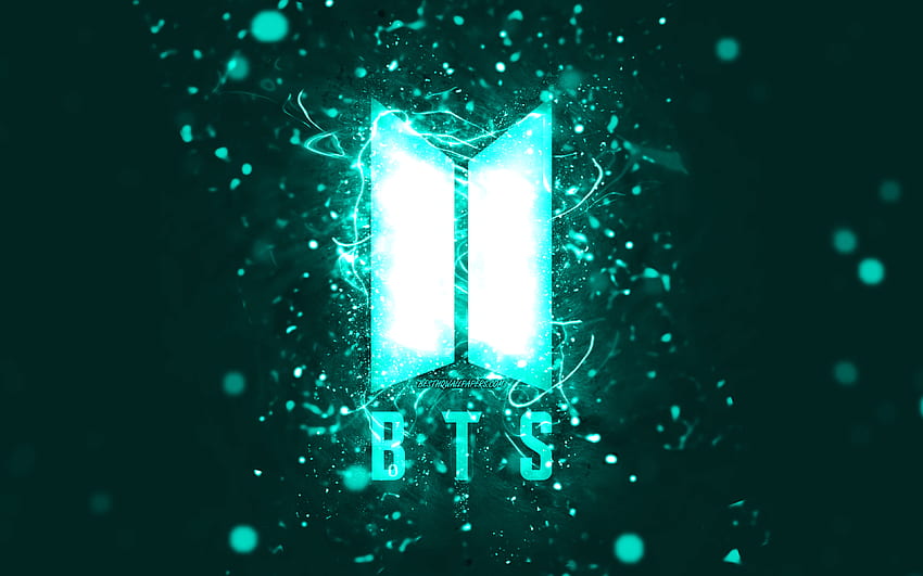 Тюркоазено лого на BTS, , тюркоазени неонови светлини, творчески, тюркоазен абстрактен фон, Bangtan Boys, лого на BTS, музикални звезди, BTS, лого на Bangtan Boys HD тапет