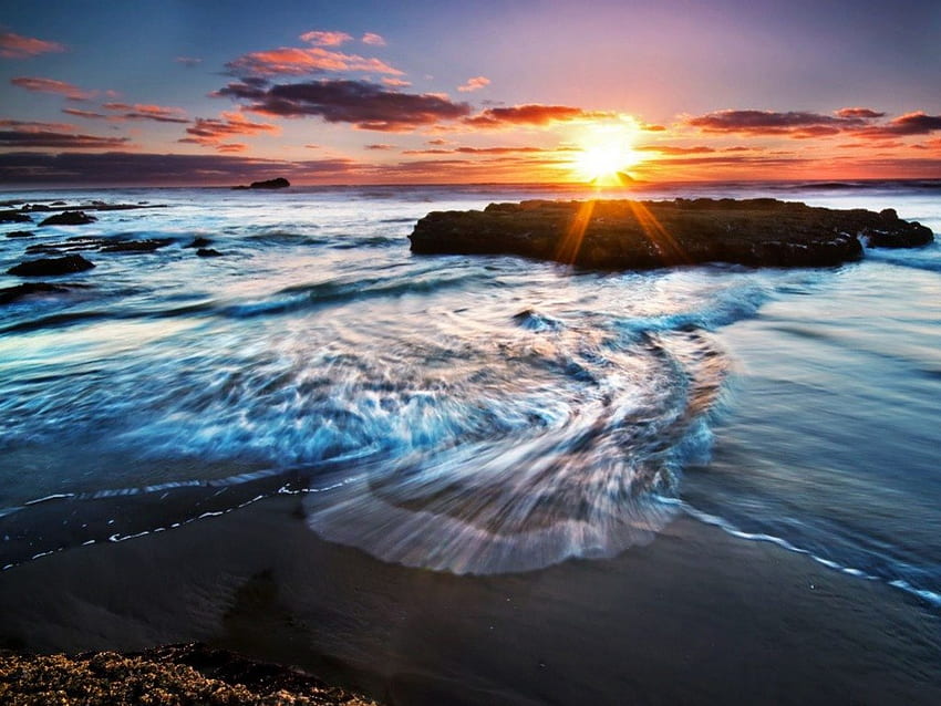 wschód słońca na plaży, niebieski, słońce, ocean, plaża Tapeta HD