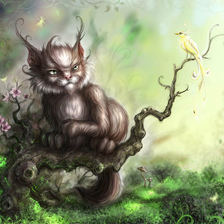 Tree Nymph for StrangelAngel [Monica], animal, nymph, abstract, fantasy, other, cat, tree HD wallpaper