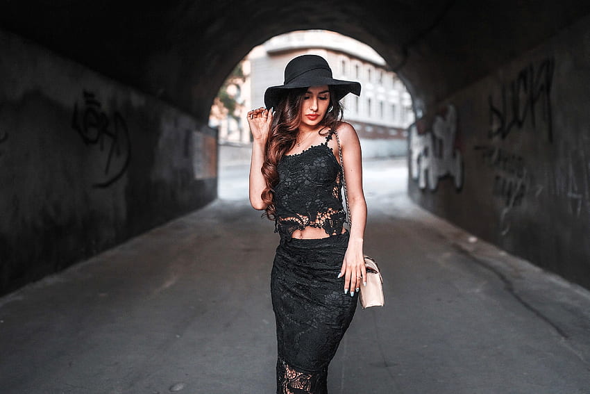 Rosalia Murcia in Black, model, dress, hat, brunette, black HD wallpaper