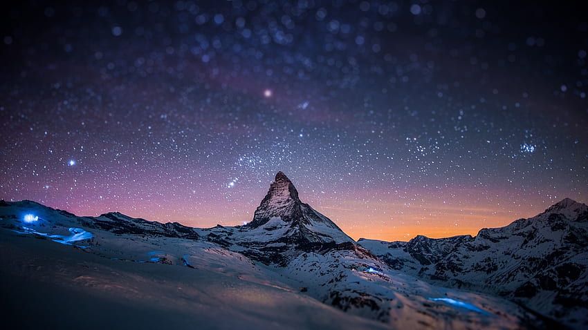 Preview mountain, peak, stars, sky, night, light, snow HD wallpaper