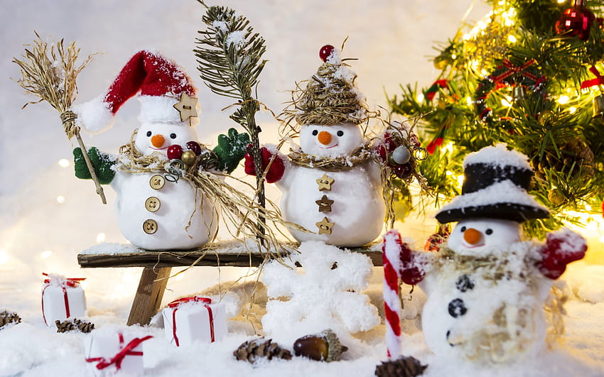 Snowmen, winter, craciun, christmas, iarna, card, sniwman, trio, new year HD wallpaper