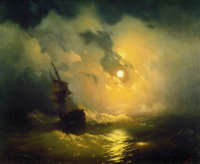 Classical Art Ivan Aivazovsky Sea Ship Night Waves - Resolution: HD wallpaper
