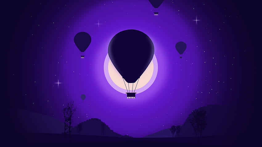 Heißluftballon, lila dunkler Himmel, Silhouette, Tablet, Laptop HD-Hintergrundbild