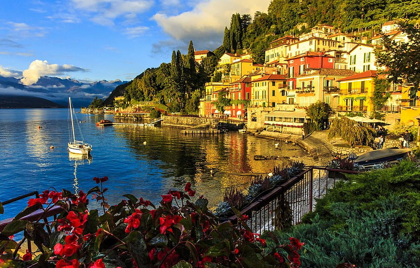 lake, building, home, yacht, Italy, promenade, Lake Como Italy HD wallpaper