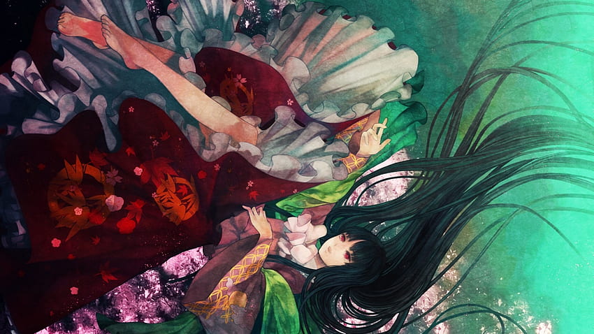 falling, plants, pretty, flowing dress, beautiful, long black hair, water, ocean HD wallpaper