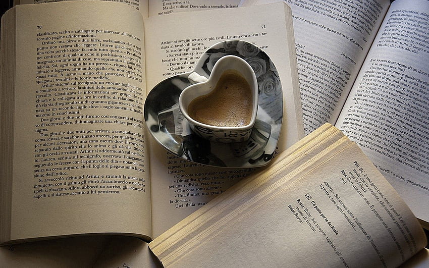 Cibo, libri, caffè, tazza, cuore, boccale, pagine, pagina Sfondo HD