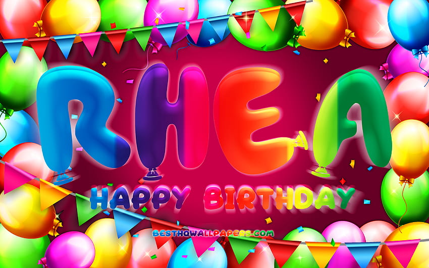 Happy Birtay Rhea, , colorful balloon frame, Rhea name, purple background, Rhea Happy Birtay, Rhea Birtay, popular american female names, Birtay concept, Rhea HD wallpaper