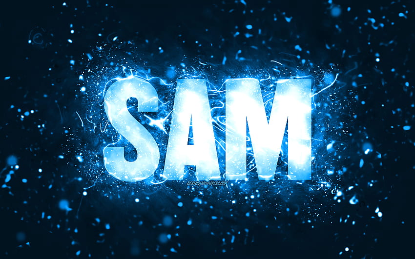 Happy Birtay Sam, niebieskie neony, imię Sam, kreatywne, Sam Happy Birtay, Sam Birtay, popularne amerykańskie imiona męskie, z imieniem Sam, Sam Tapeta HD
