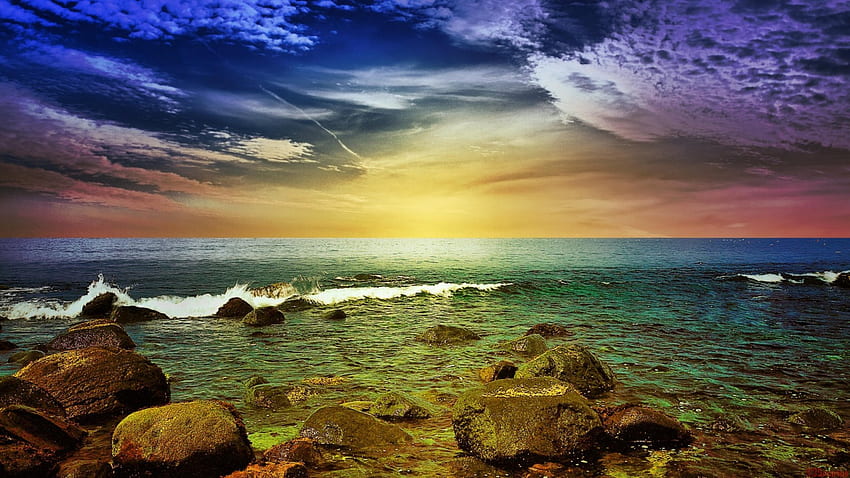 wspaniały kolorowy pejzaż morski, morze, brzeg, chmury, kolory, skały Tapeta HD