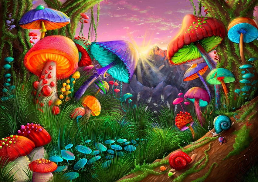Fantasy Mushroom Land, цветна, фентъзи, гъби, магическа HD тапет