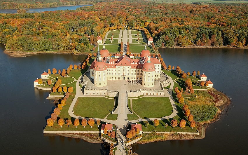 ドイツのモーリッツブルク城、モーリッツブルク、ドイツ、城、湖、空撮 高画質の壁紙