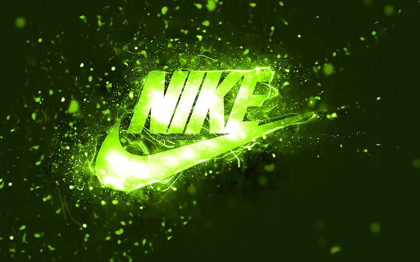 Лого на Nike в цвят лайм, , неонови светлини в лайм, креативен, лайм абстрактен фон, лого на Nike, модни марки, Nike HD тапет