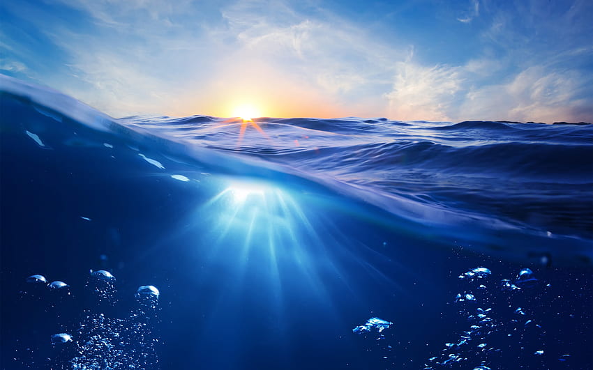 水中で、海、夕方、日没、水中の世界、美しい夕日、水上水の下 高画質の壁紙