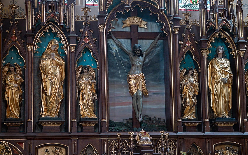 Good Friday, Cross, Jesus, Mary, John, church, sculptures, angels HD wallpaper
