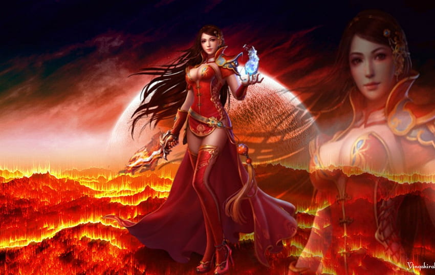 Chica de fantasía, fantasía, fuego, arte, mujer. fondo de pantalla