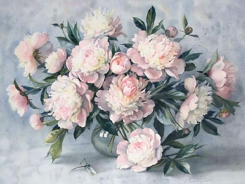 Karangan Bunga Merah Muda, merah muda, daun, lukisan, vas, capung, kaca, bunga, air Wallpaper HD