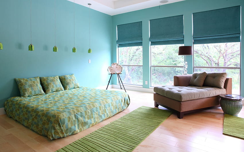 design elegante della camera da letto, design d'interni moderno, pareti azzurre nella camera da letto, idea della camera da letto Sfondo HD