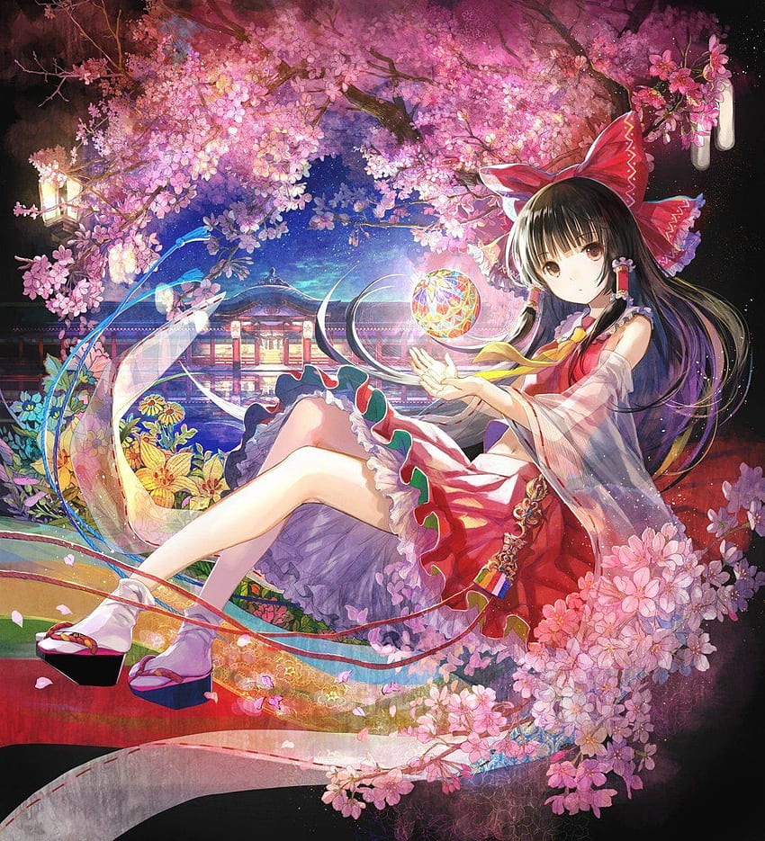 Touhou, Hakurei Reimu, Bäume, Blütenblätter, Wasser, Himmel, Anime-Mädchen, Anime Cherry Blossom Girl HD-Handy-Hintergrundbild